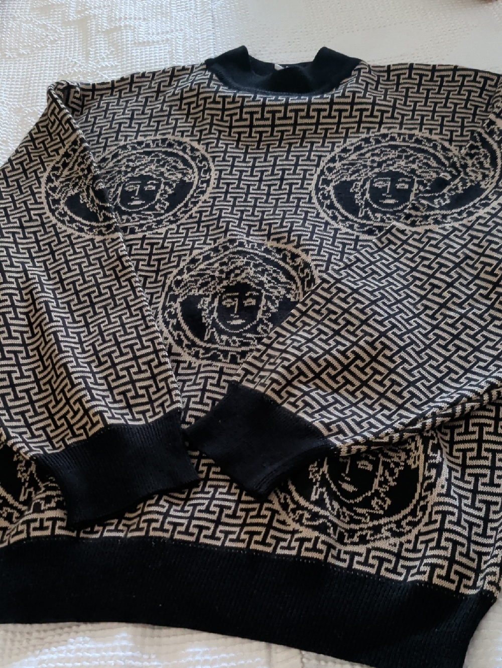 Gran Sasso Black & Cream Turtleneck Sweater with Geometric Knit